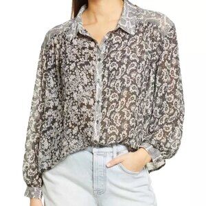 Free People Dani Shirt XS Top Floral Paisley Snake Sheer Button Oversized